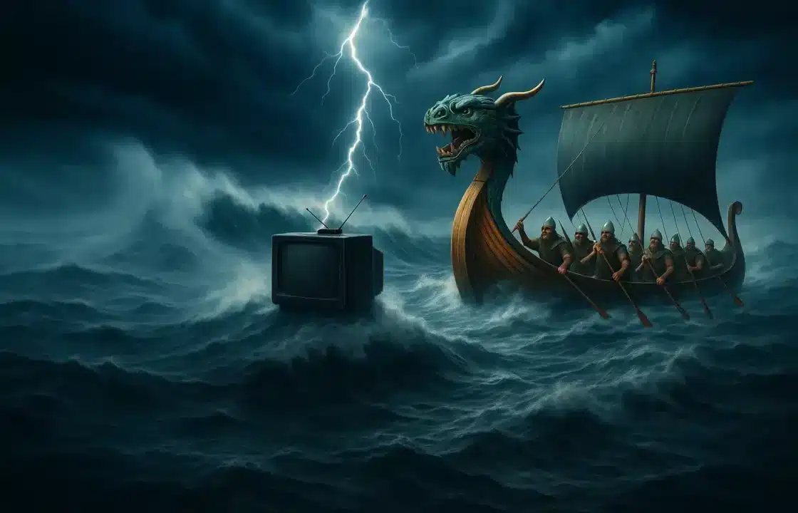 Viking ship sailing stormy seas toward a glowing TV with lightning in the background – symbolizing powerful global IPTV connection
