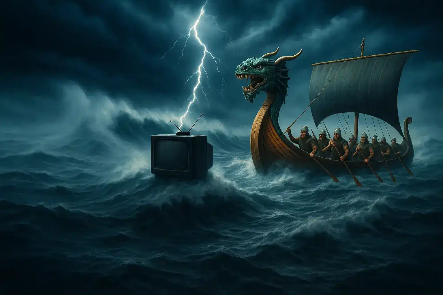Viking ship sailing stormy seas toward a glowing TV with lightning in the background – symbolizing powerful global IPTV connection