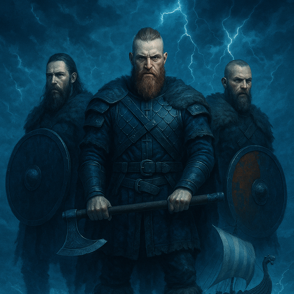 VIKINGS OF THE FROST SEA Three Viking warriors with weapons and shields standing before a stormy blue sea with a longship