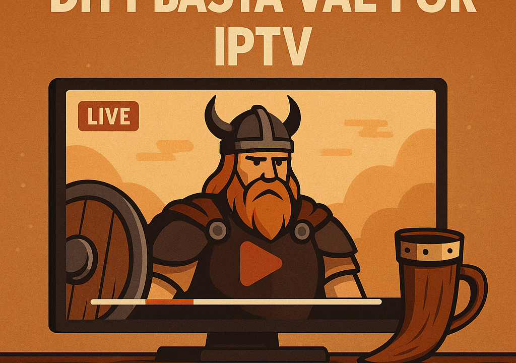 Illustration av en viking som tittar på live-TV på en skärm, med text som marknadsför VikingIPTVs.se som en pålitlig IPTV-tjänst med stort kanalutbud, hög streamingkvalitet och användarvänlig plattform.