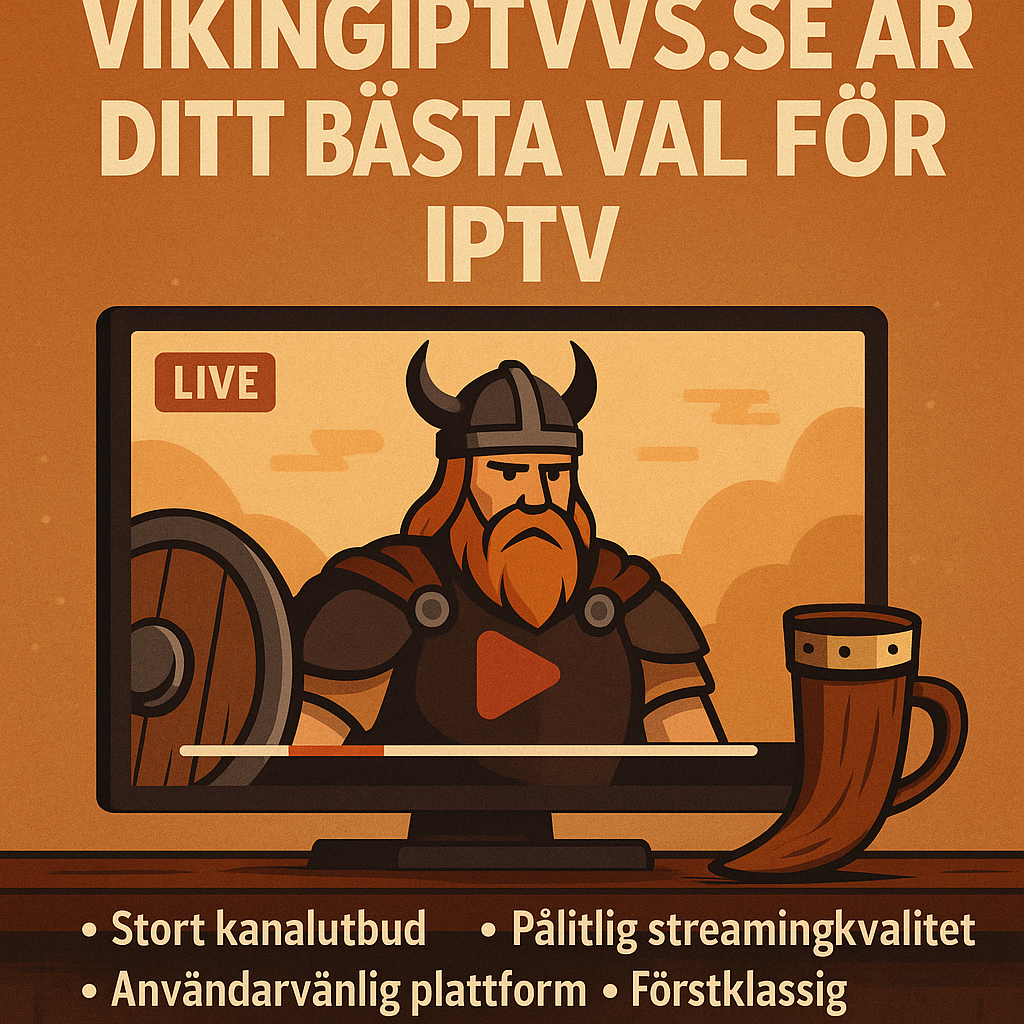 VikingIPTVs.se – Ditt Bästa IPTV-Val i Sverige Illustration av en viking som tittar på live-TV på en skärm, med text som marknadsför VikingIPTVs.se som en pålitlig IPTV-tjänst med stort kanalutbud, hög streamingkvalitet och användarvänlig plattform.
