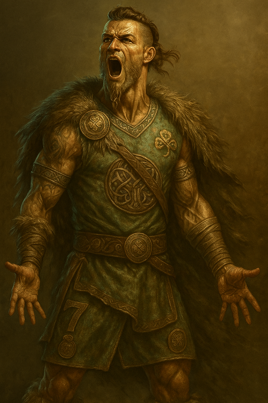 Vikingakrigaren som fotbollshjälte Keltisk krigare i vikingastil som liknar en fotbollsspelare, vrålar segerfullt i päls och rustning med nordiska symboler.